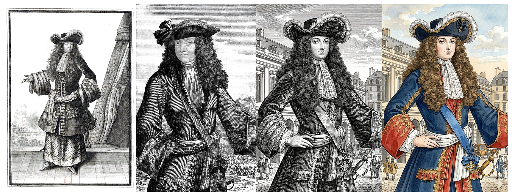 Four images of Baltazar, two etchings, an AI merge and AI colored